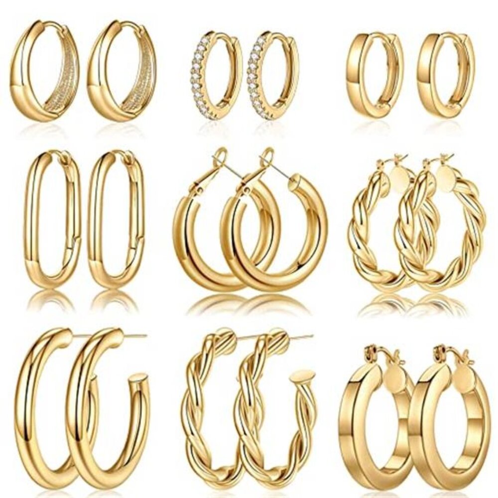 9 Pair Gold Hoop Earrings Set 14K Plated Chunky Hypoallergenic Gift Box
